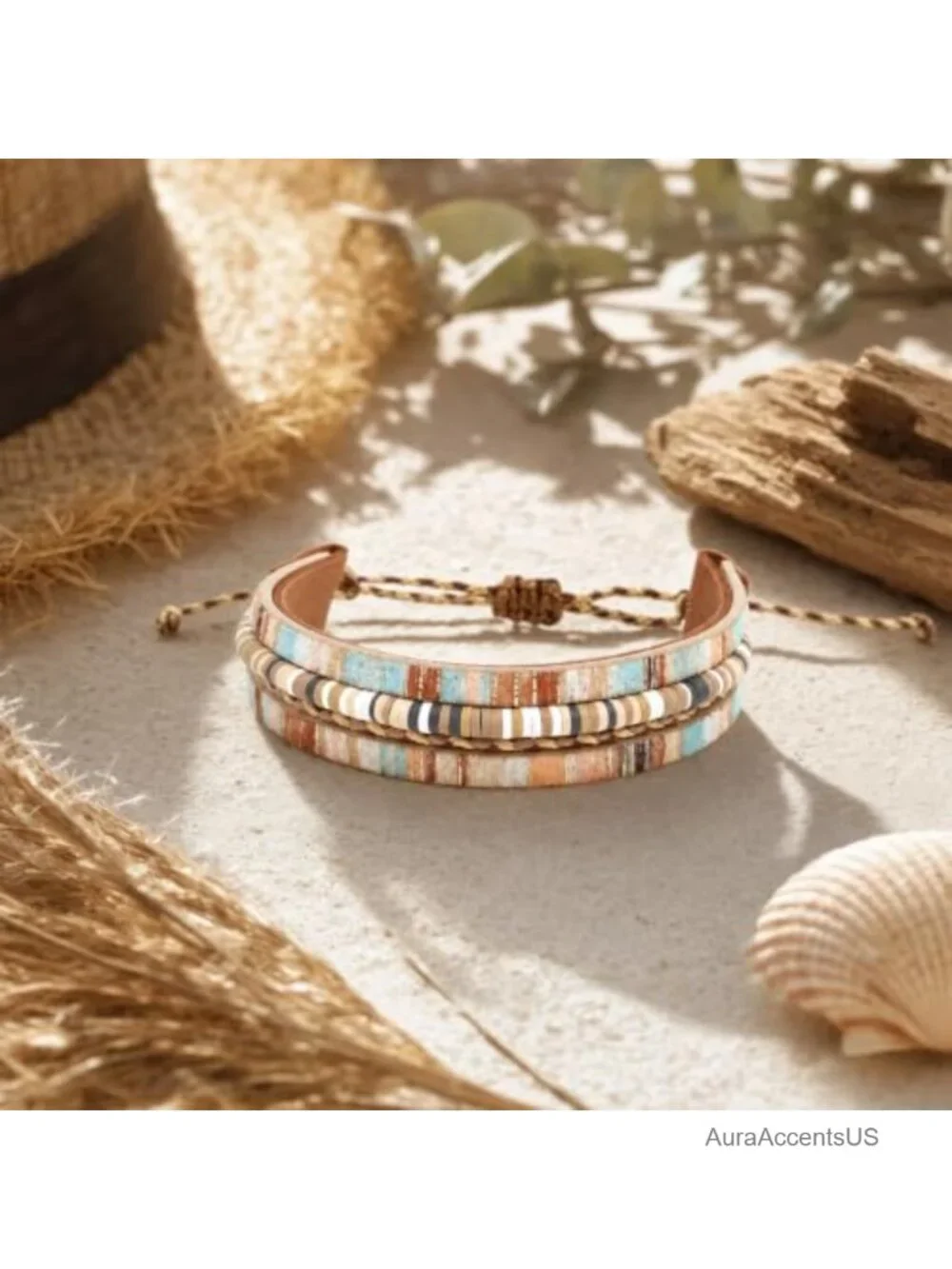 Boho Faux Leather Wrap Bracelet Stackable Clay Bead Jewelry